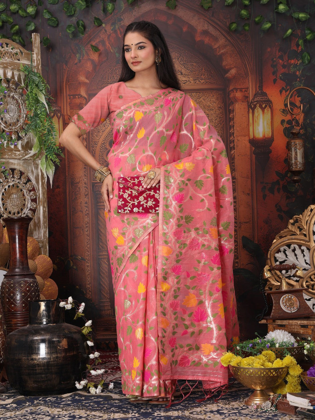 Anaita Pink Linen Printed Saree With Blouse - Distacart