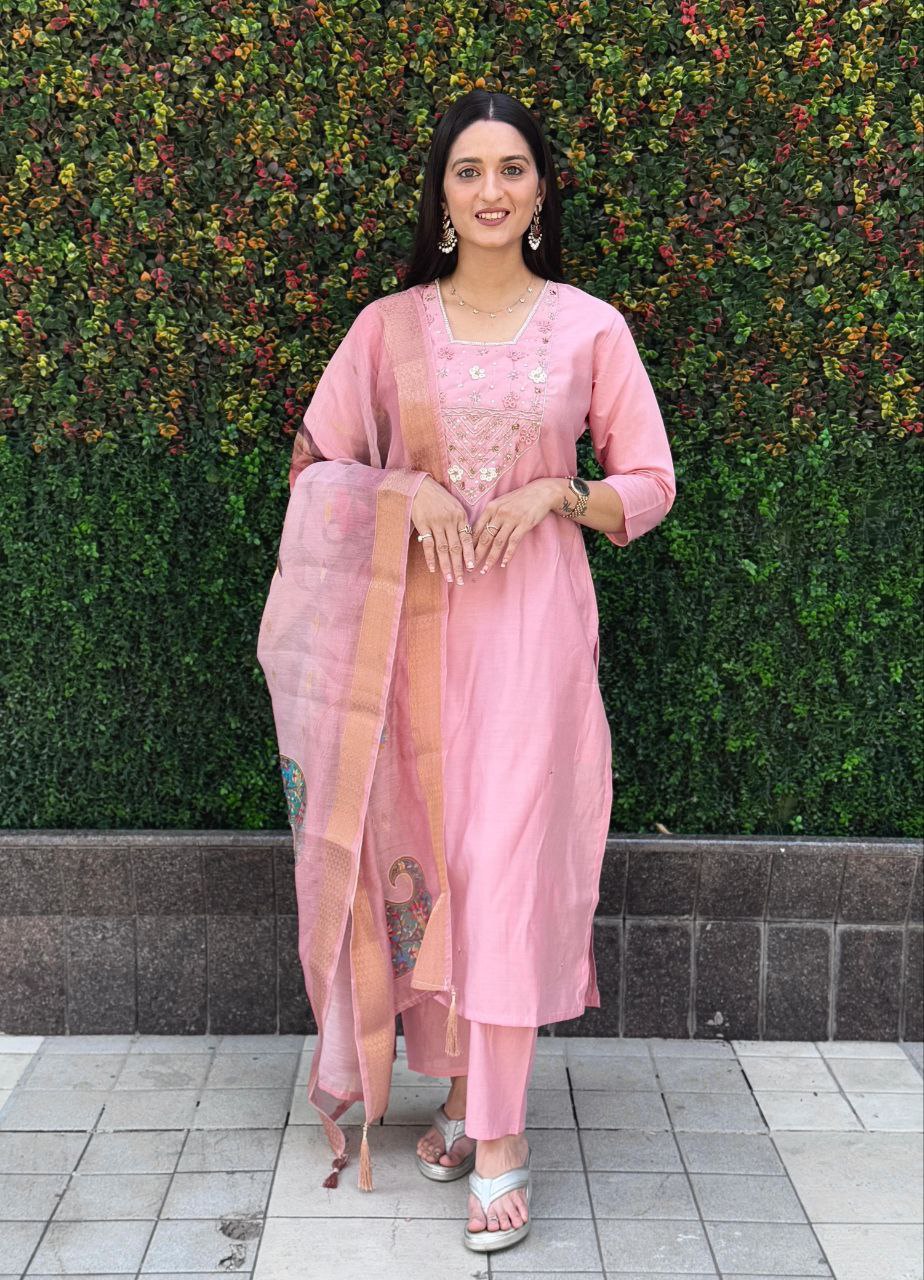 Lorenvalley Fashion Pink Roman Silk Hand Work Kurta Pant with Dupatta - Distacart