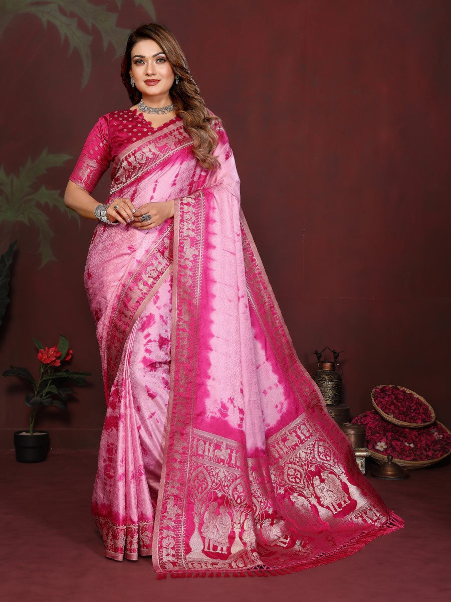 Anaita Pink Zari Weaving Work Satin Silk Saree With Blouse - Distacart