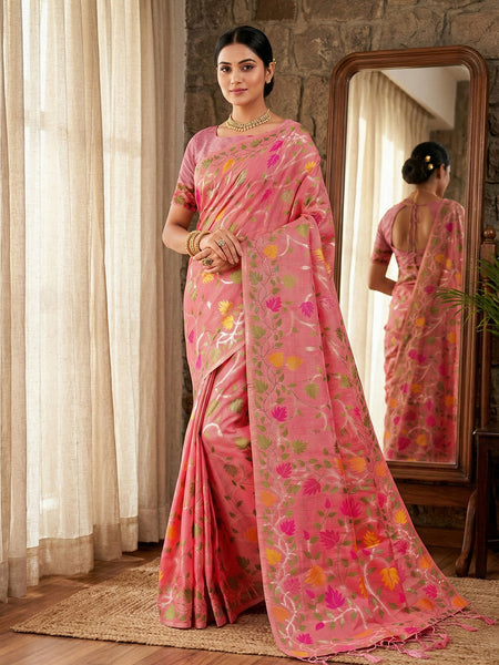 Anaita Pink Linen Woven Work Saree With Blouse