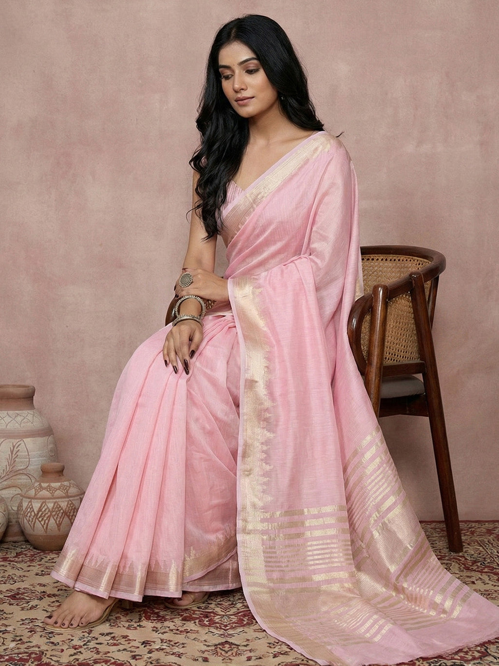 Anaita Pink Cotton Saree With Blouse - Distacart