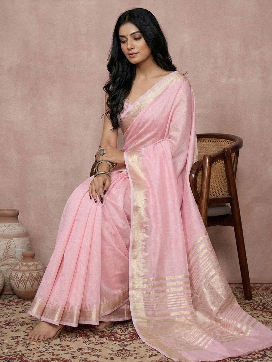 Anaita Pink Cotton Saree With Blouse - Distacart