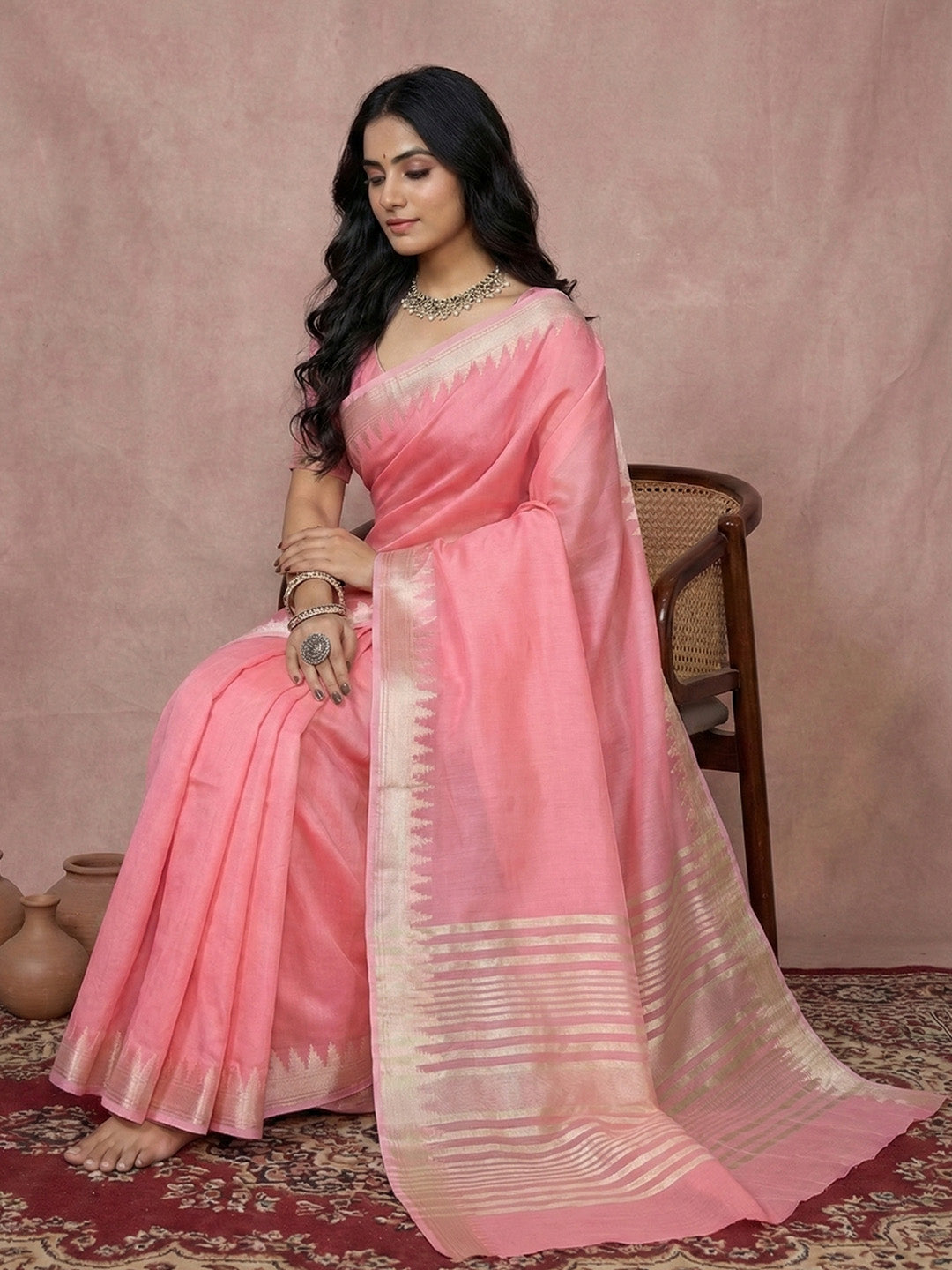 Anaita Pink Cotton Saree With Blouse - Distacart