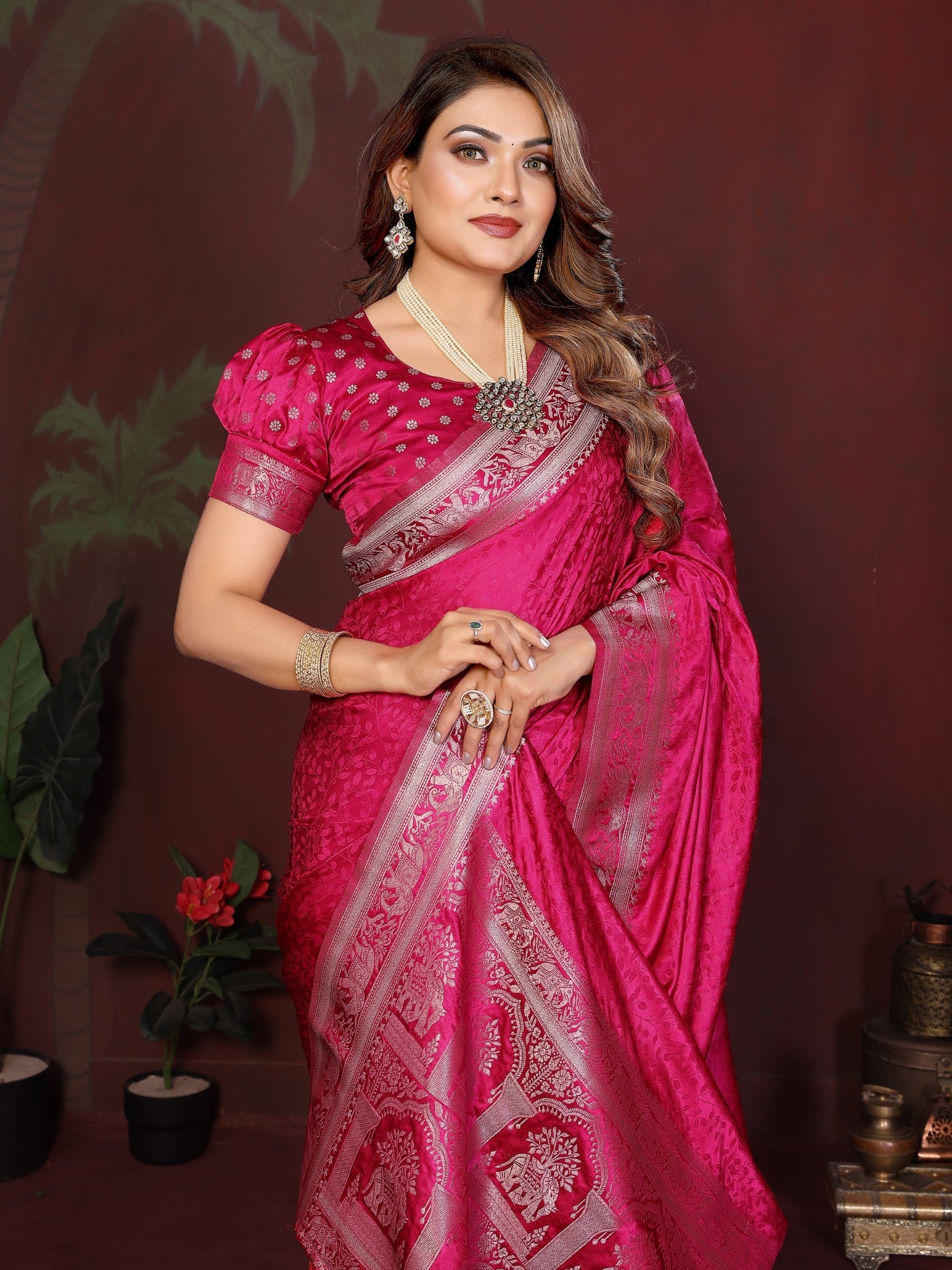 Anaita Pink Zari Weaving Work Satin Silk Saree With Blouse - Distacart