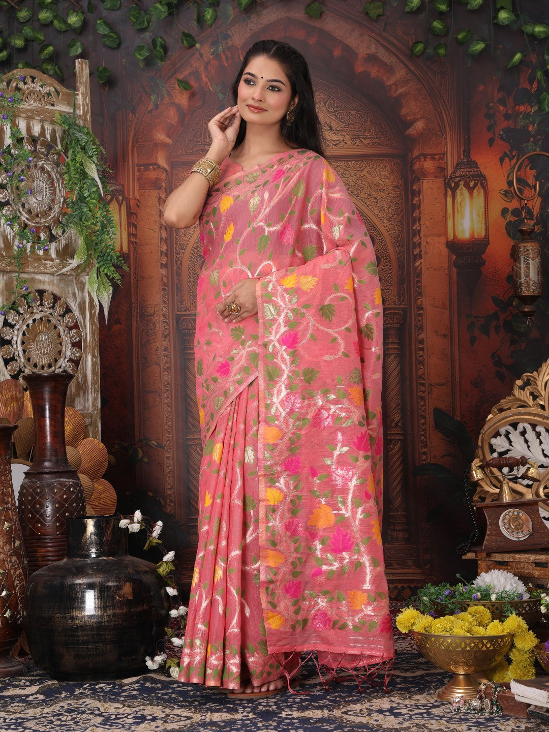 Anaita Pink Linen Printed Saree With Blouse - Distacart