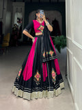 Lorenvalley Pink and Black Plain With Gamthi Patch Work & Gota Patti Lace also cowrie (kodi) lace touch up Lehenga Choli