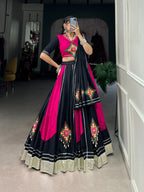 Lorenvalley Pink and Black Plain With Gamthi Patch Work & Gota Patti Lace also cowrie (kodi) lace touch up Lehenga Choli