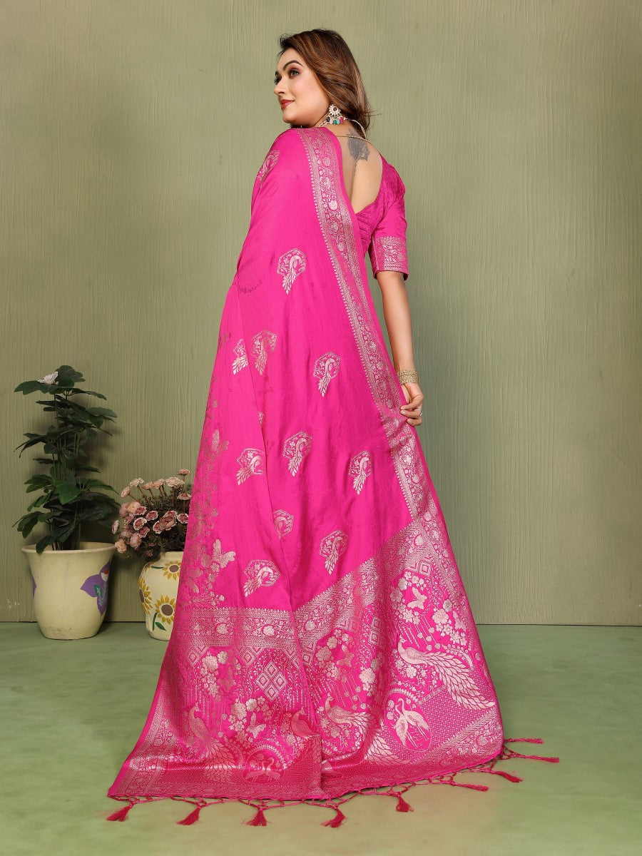 Anaita Pink Zari Butta Work Satin Silk Saree With Blouse - Distacart