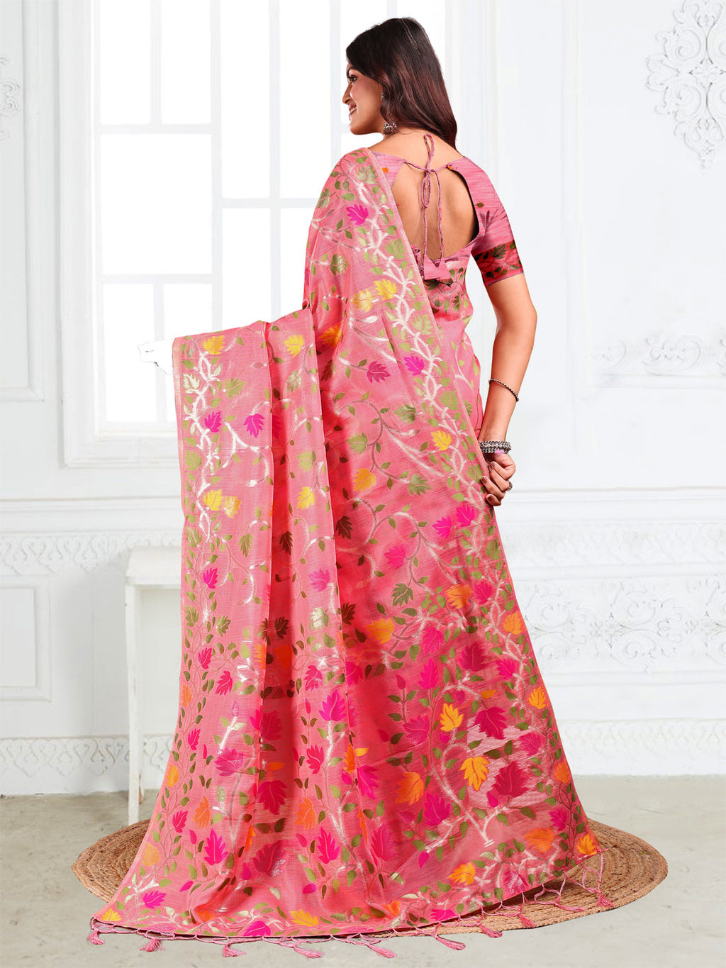 Anaita Pink Linen Printed Saree With Blouse - Distacart