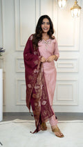 Lorenvalley Fashion Pink Roman Silk Hand Work Kurta Pant with Dupatta - Distacart