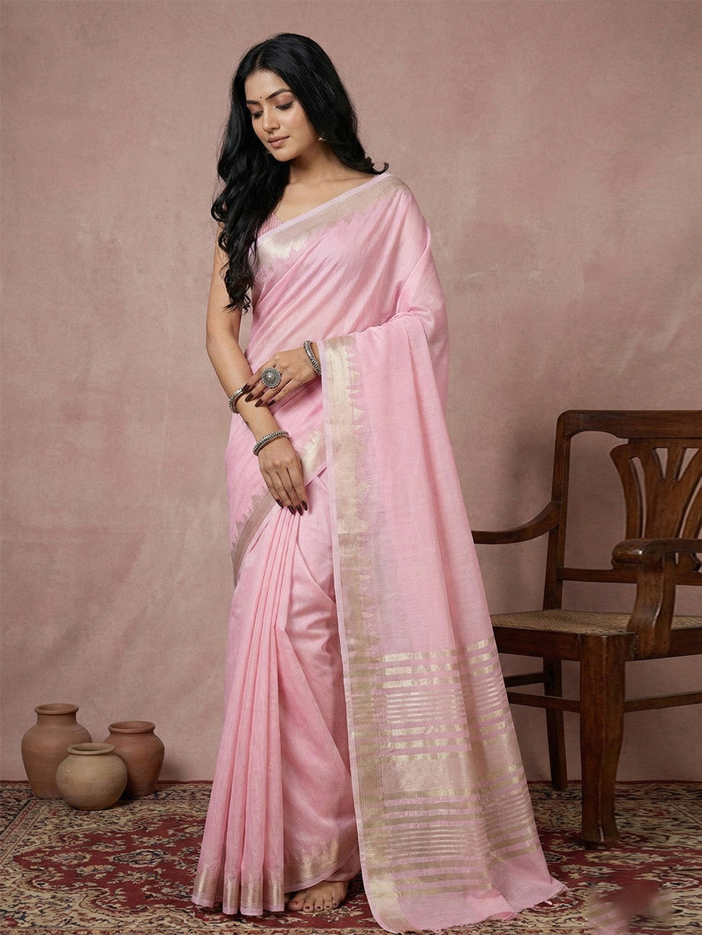 Anaita Pink Cotton Saree With Blouse - Distacart