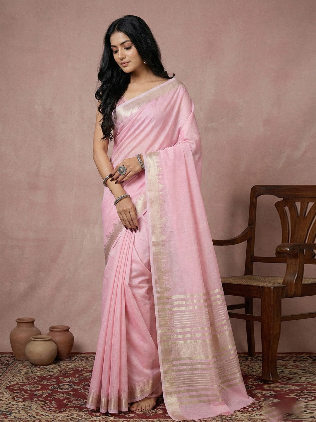 Anaita Pink Cotton Saree With Blouse - Distacart