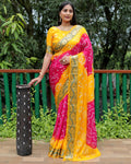 Lorenvalley Premium Pure Bandhej Tapeta Soft light weight silk saree with zari weaving Border - Multicolor