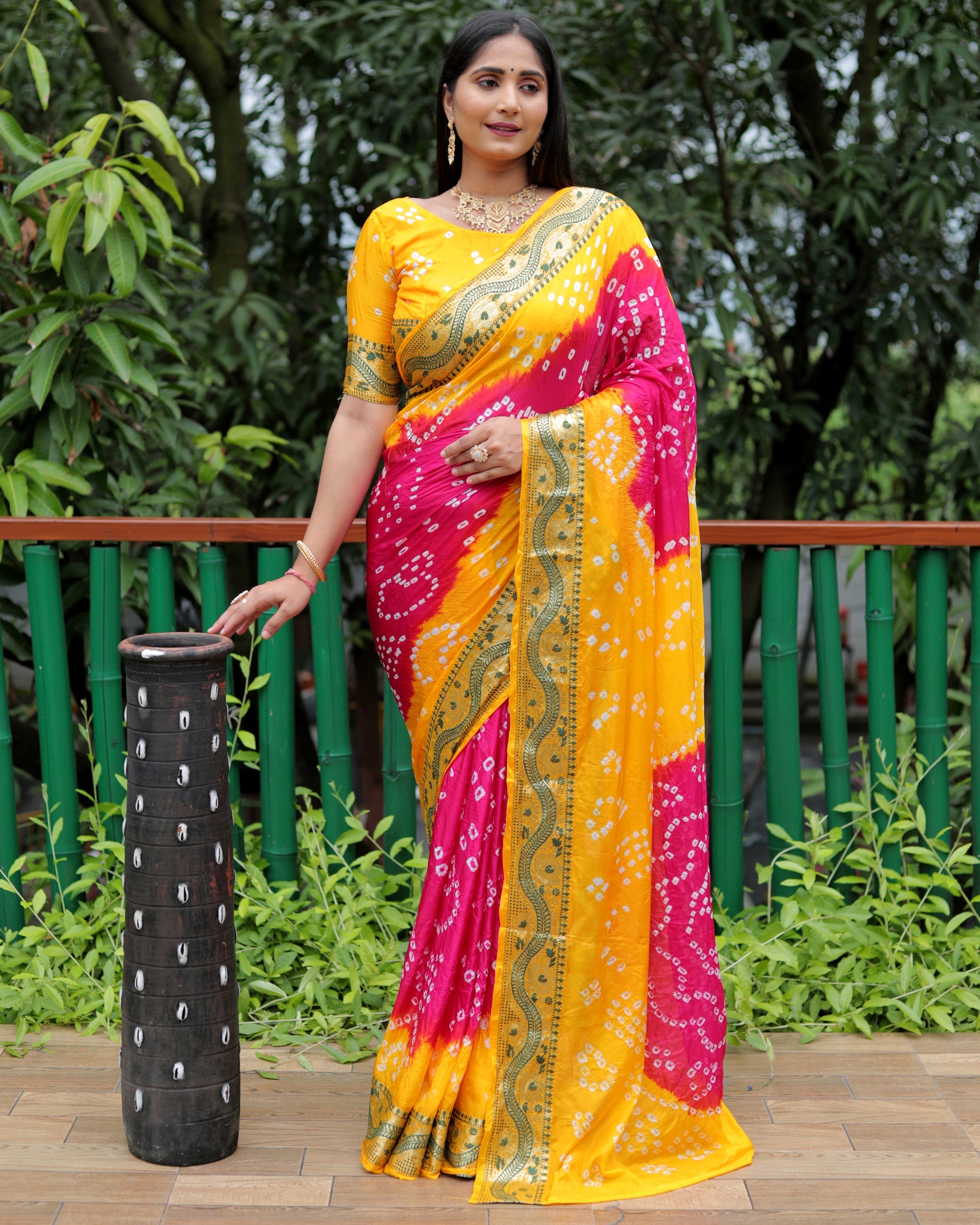 Lorenvalley Premium Pure Bandhej Tapeta Soft light weight silk saree with zari weaving Border - Multicolor