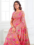 Anaita Pink Linen Printed Saree With Blouse - Distacart