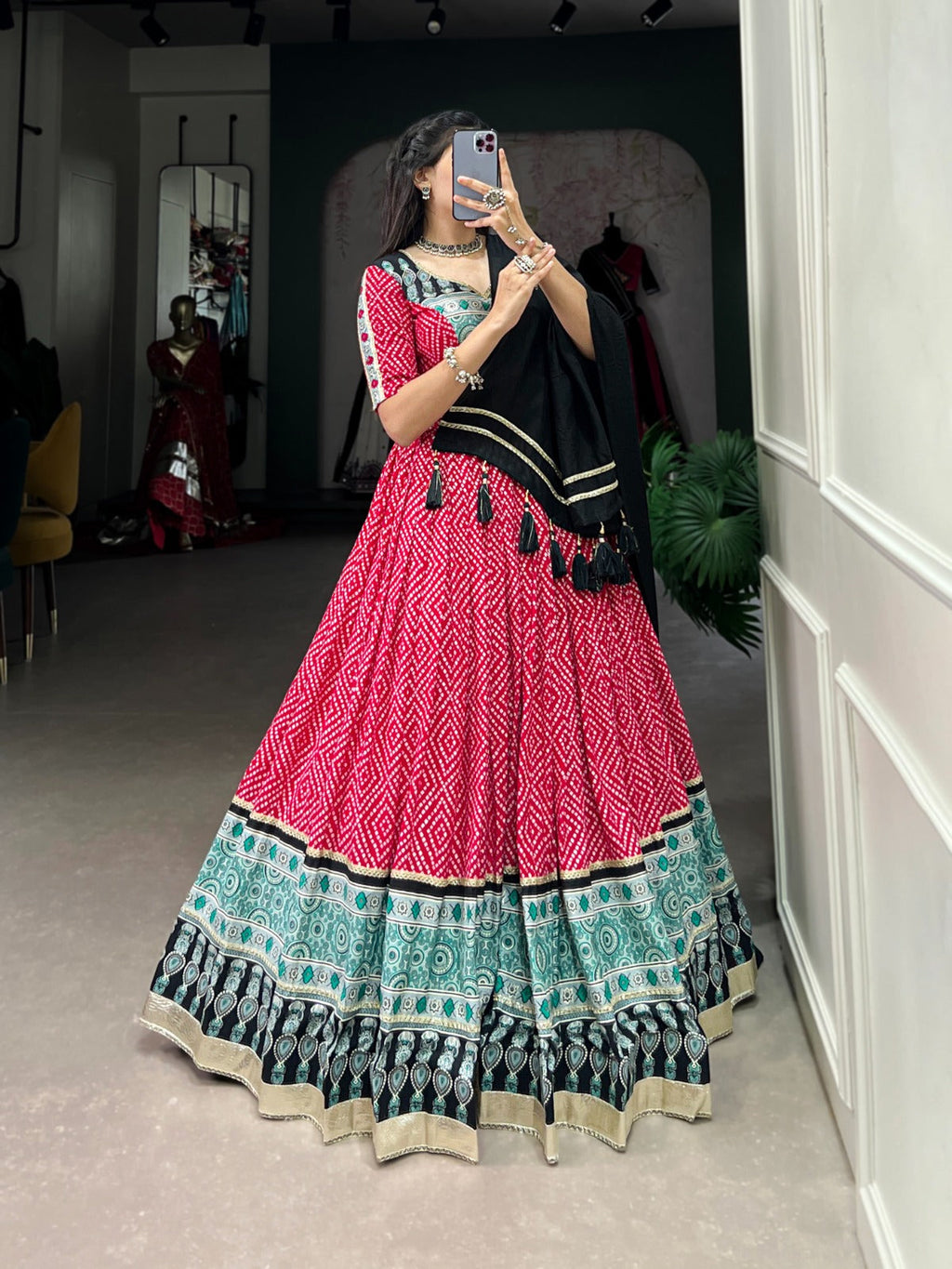 Lorenvalley Pink Rayon with Bandhej And Ajarakh Print With Embossed Design Gota Lace Touch up Lehenga Choli
