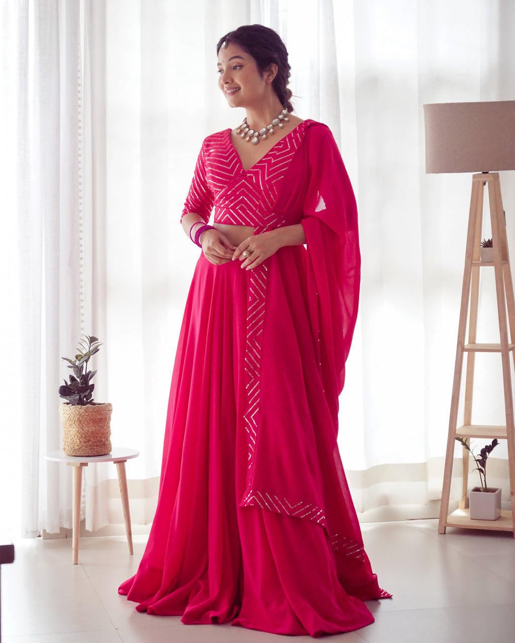 Lorenvalley Pink Faux Georgette Plain Micro Cotton Full Inner with Canvas Patta Double Lining Lehenga Choli