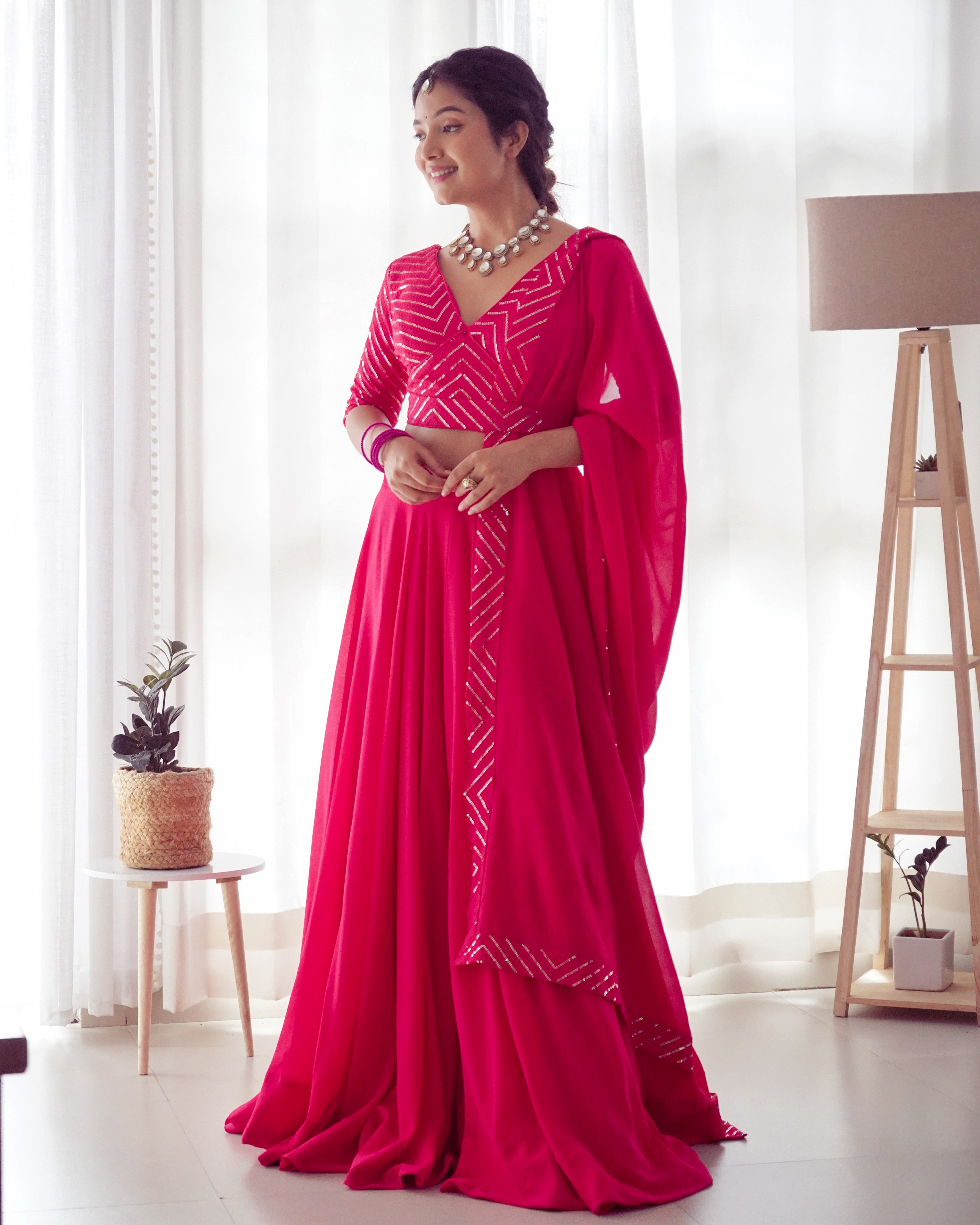 Lorenvalley Pink Faux Georgette Plain Micro Cotton Full Inner with Canvas Patta Double Lining Lehenga Choli