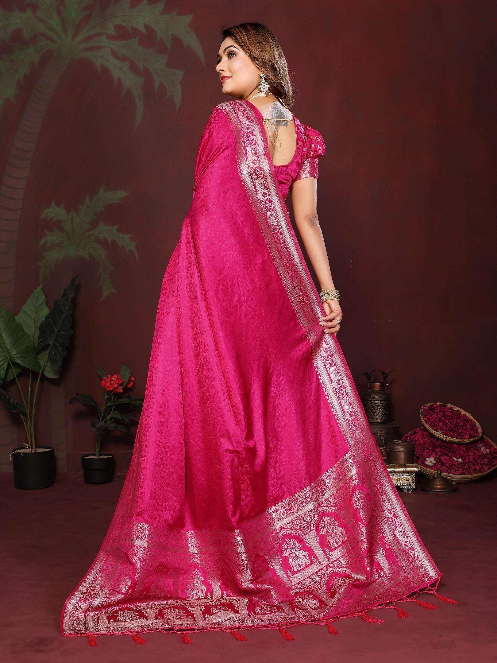 Anaita Pink Zari Weaving Work Satin Silk Saree With Blouse - Distacart