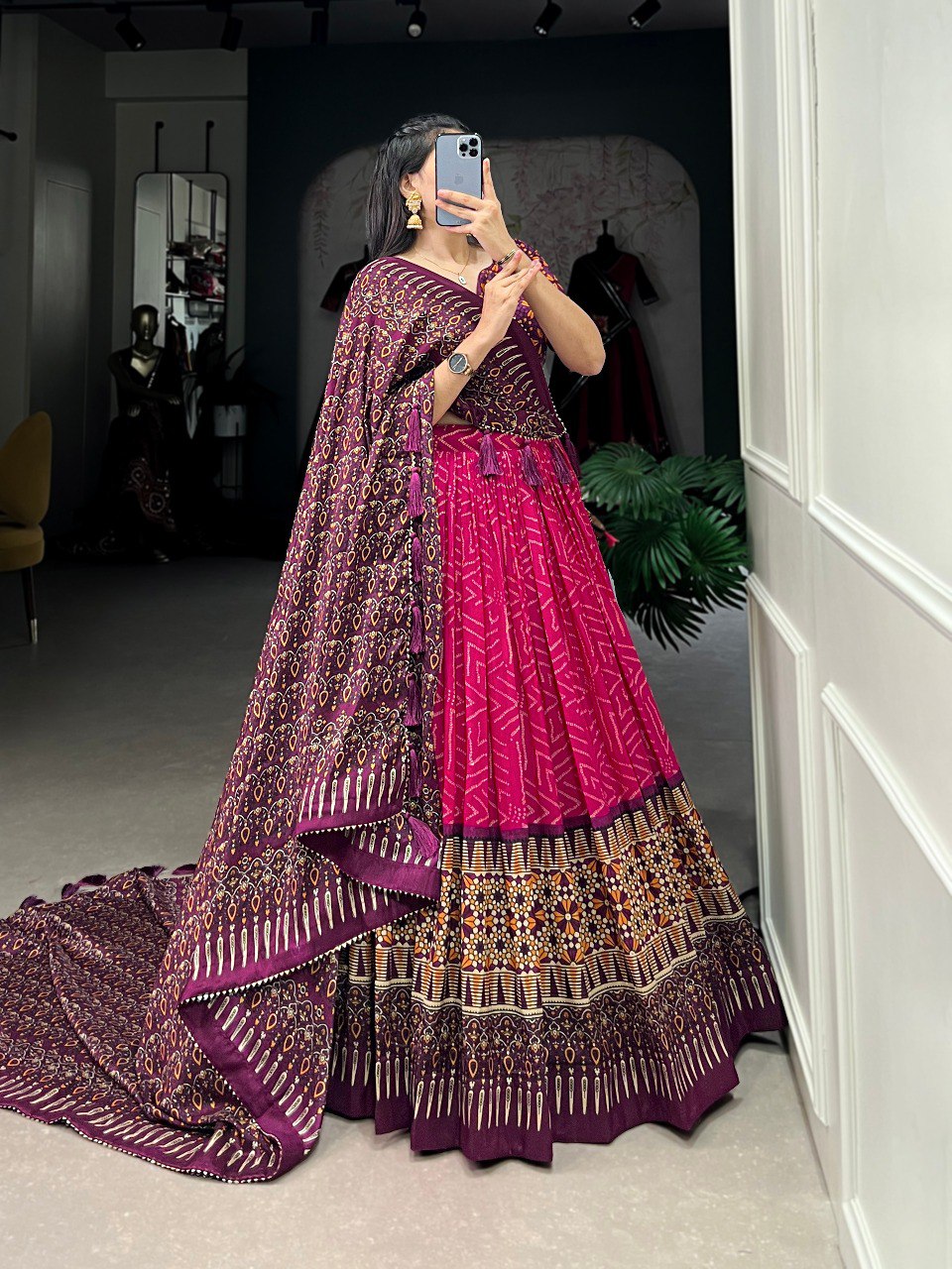 Lorenvalley Pink Tussar Silk Bandhej And Ajarakh Print Lehenga Choli with Dupatta