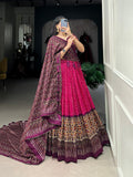 Lorenvalley Pink Tussar Silk Bandhej And Ajarakh Print Lehenga Choli with Dupatta