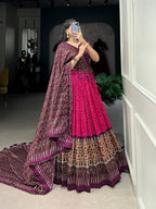 Lorenvalley Pink Tussar Silk Bandhej And Ajarakh Print Lehenga Choli with Dupatta