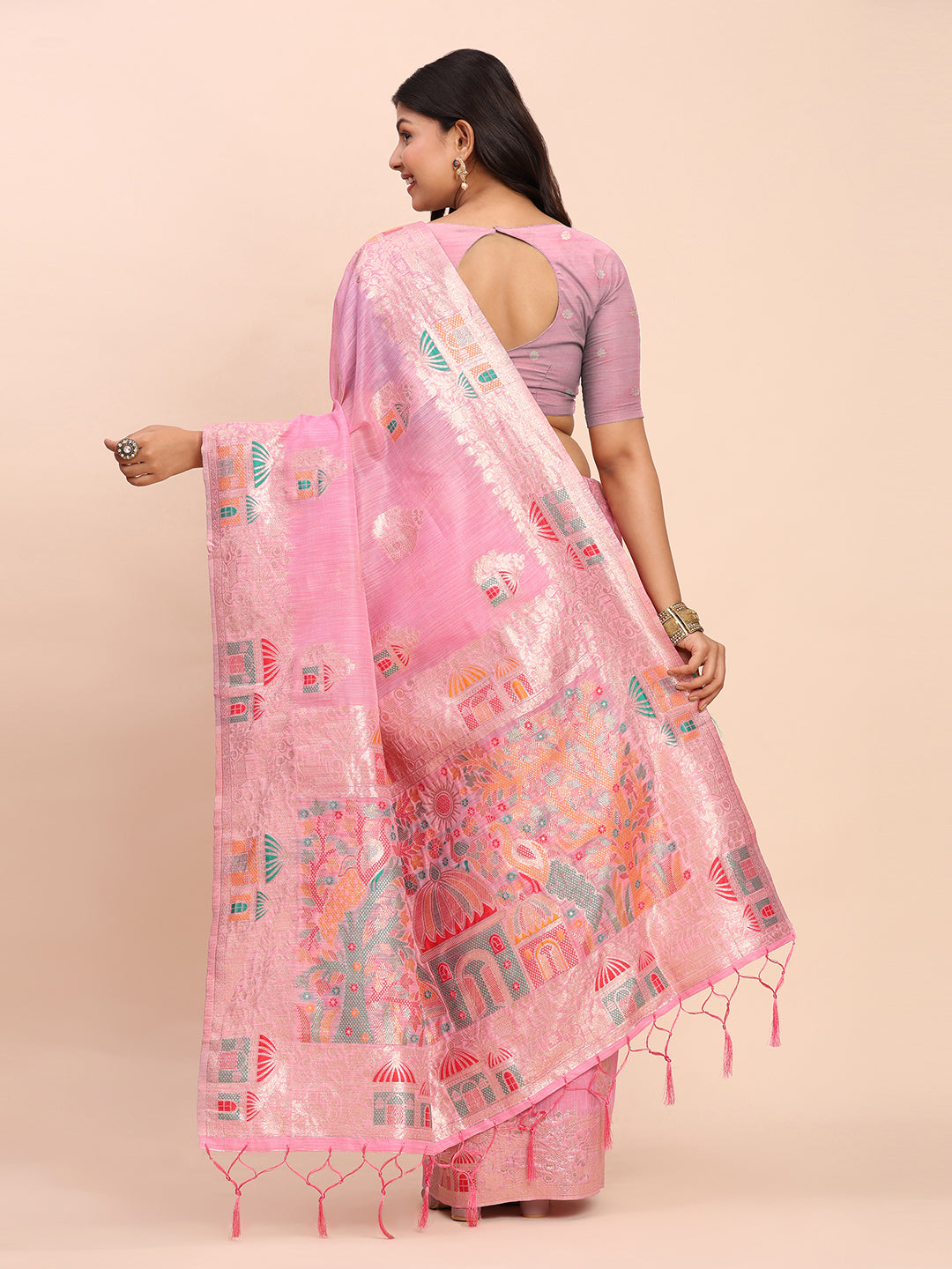 Anaita Pink Linen Woven Work Saree With Blouse - Distacart