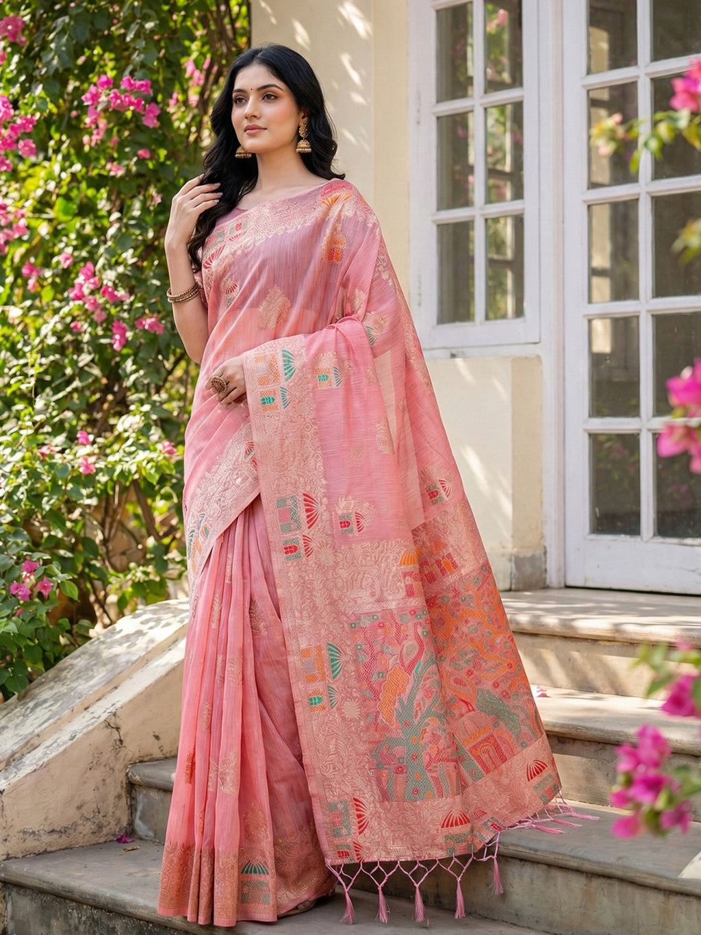 Anaita Pink Linen Woven Work Saree With Blouse - Distacart