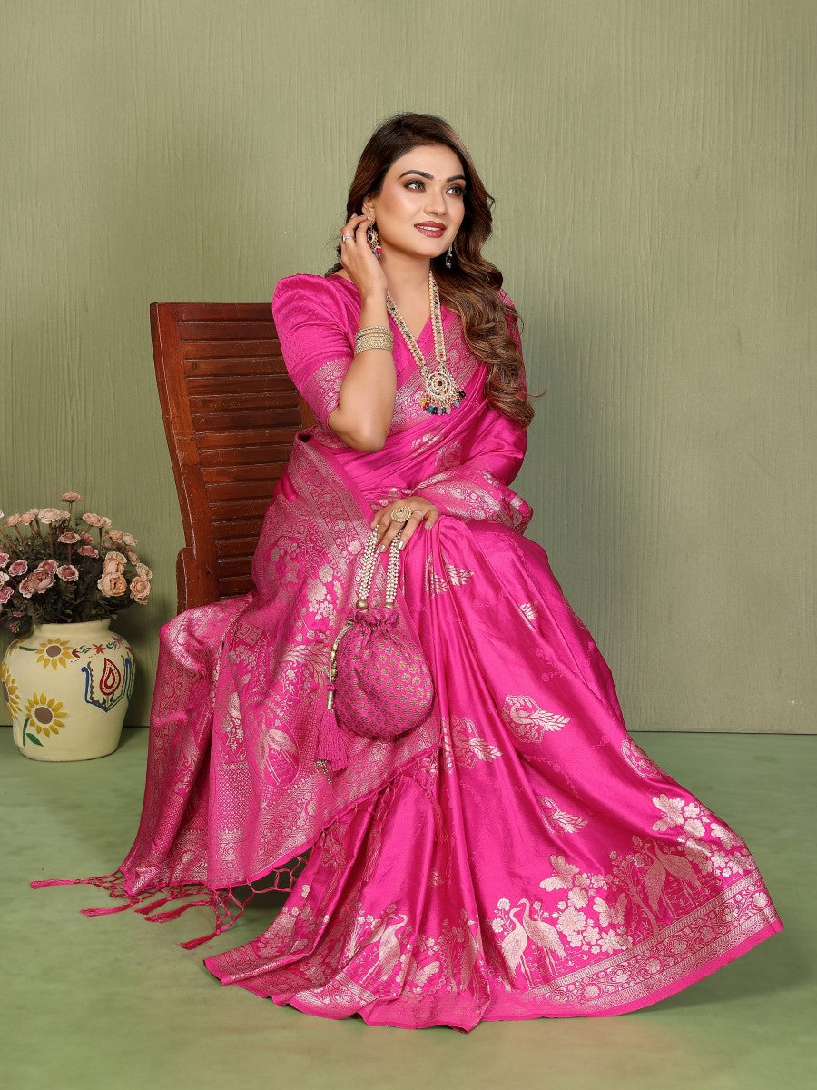 Anaita Pink Zari Butta Work Satin Silk Saree With Blouse - Distacart