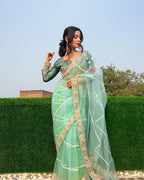Evanik Pista Net Embroidery work Saree with Moti Hand work Blouse