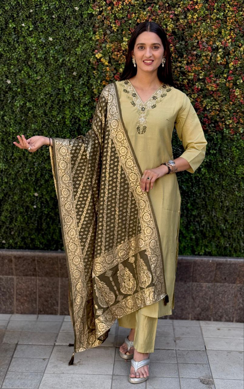 Lorenvalley Fashion Pista Roman Silk Hand Work Kurta Pant with Dupatta - Distacart