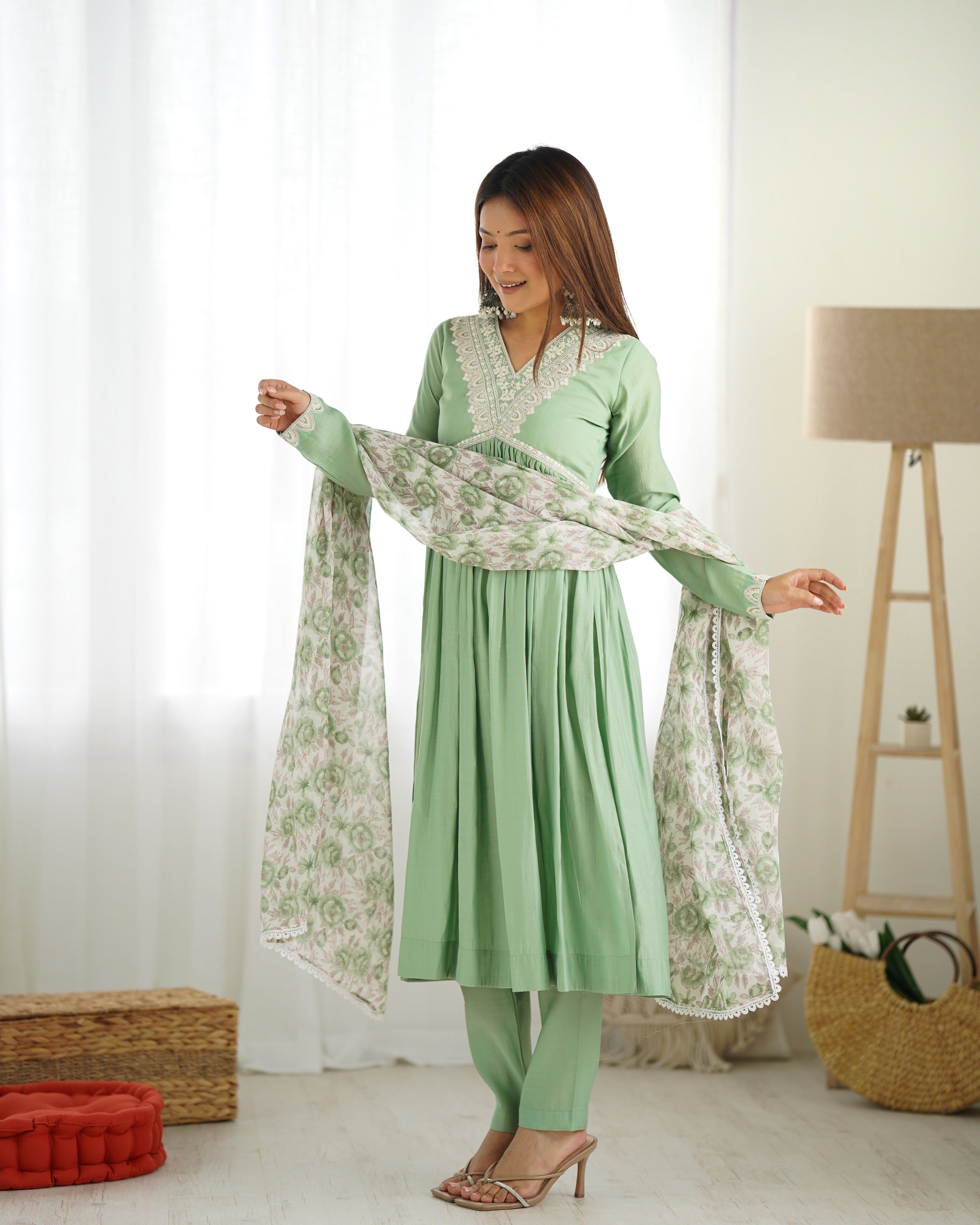 Lorenvalley Pista Roman Silk Chanderi Fabric Fit Nyra Cut Kurta Pant With Dupatta Set - Distacart