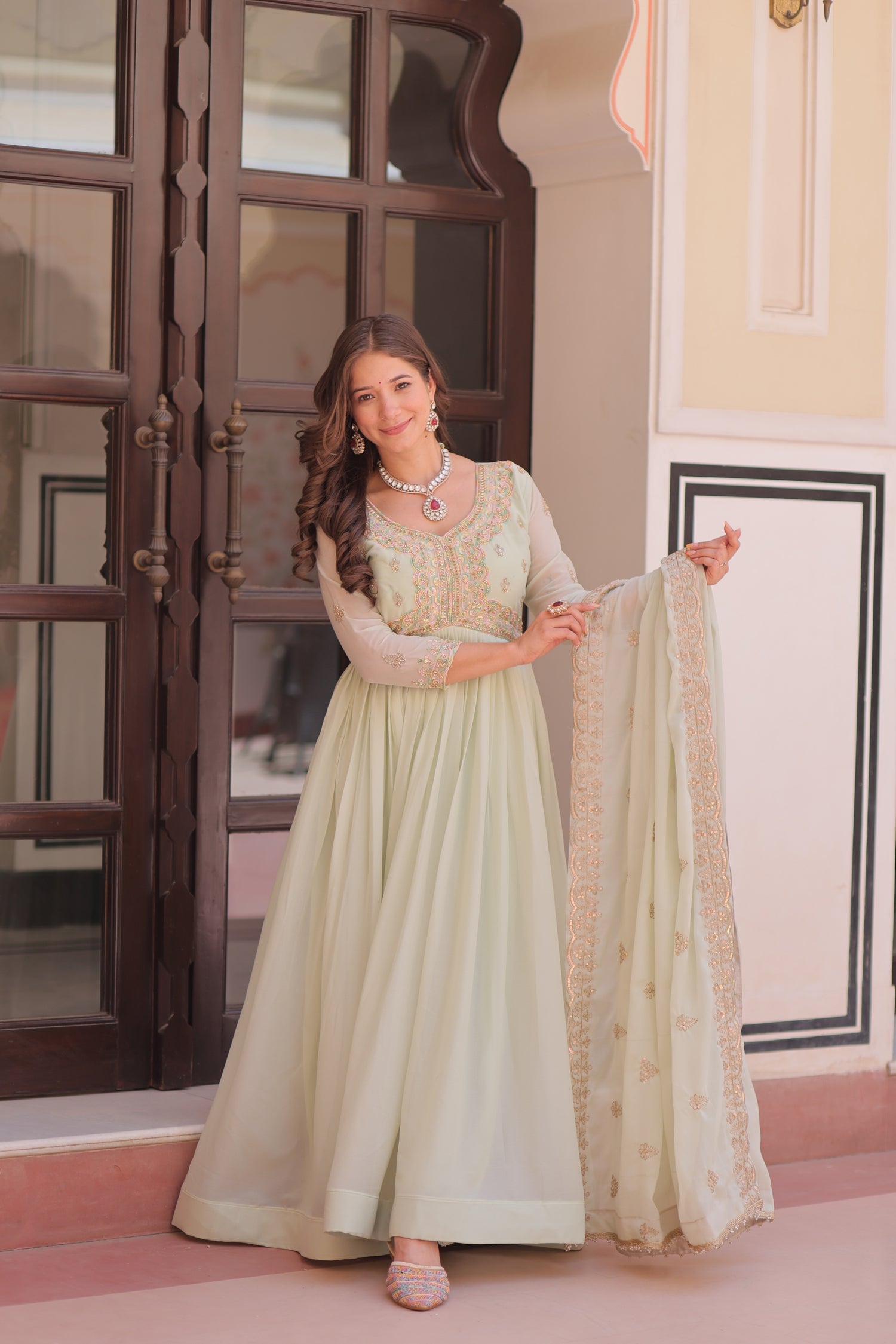 Lorenvalley Fashion Pista Star Georgette with Beads & Sequins Multi Embroidered work Anarkali Gown with Dupatta - Distacart