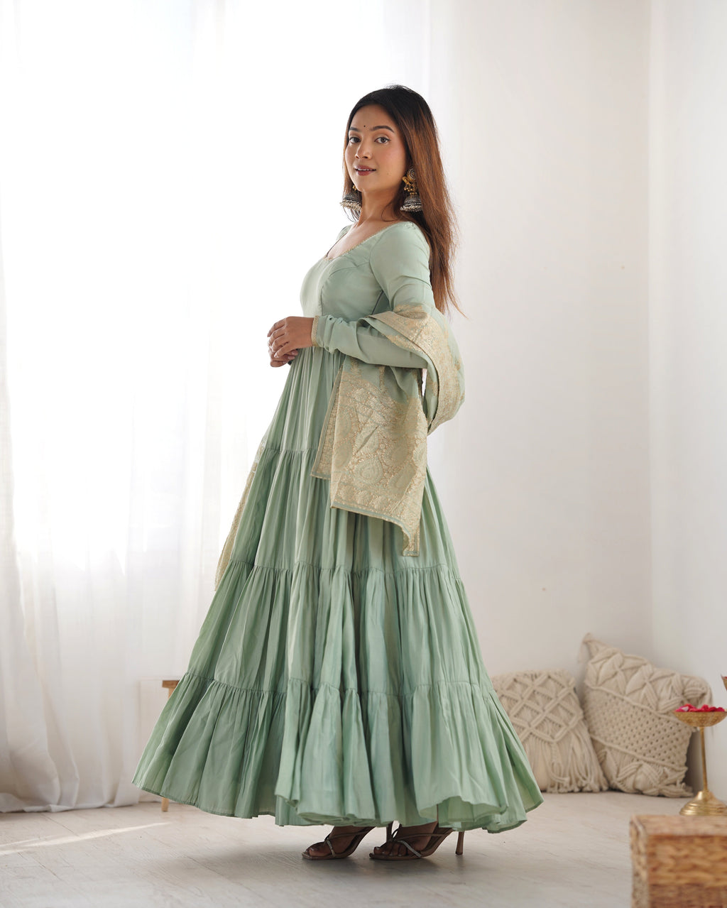 Lorenvalley Women Pure Roman silk Chanderi Fabric Layer Gathering Anarkali Kurta Pant With Dupatta Set