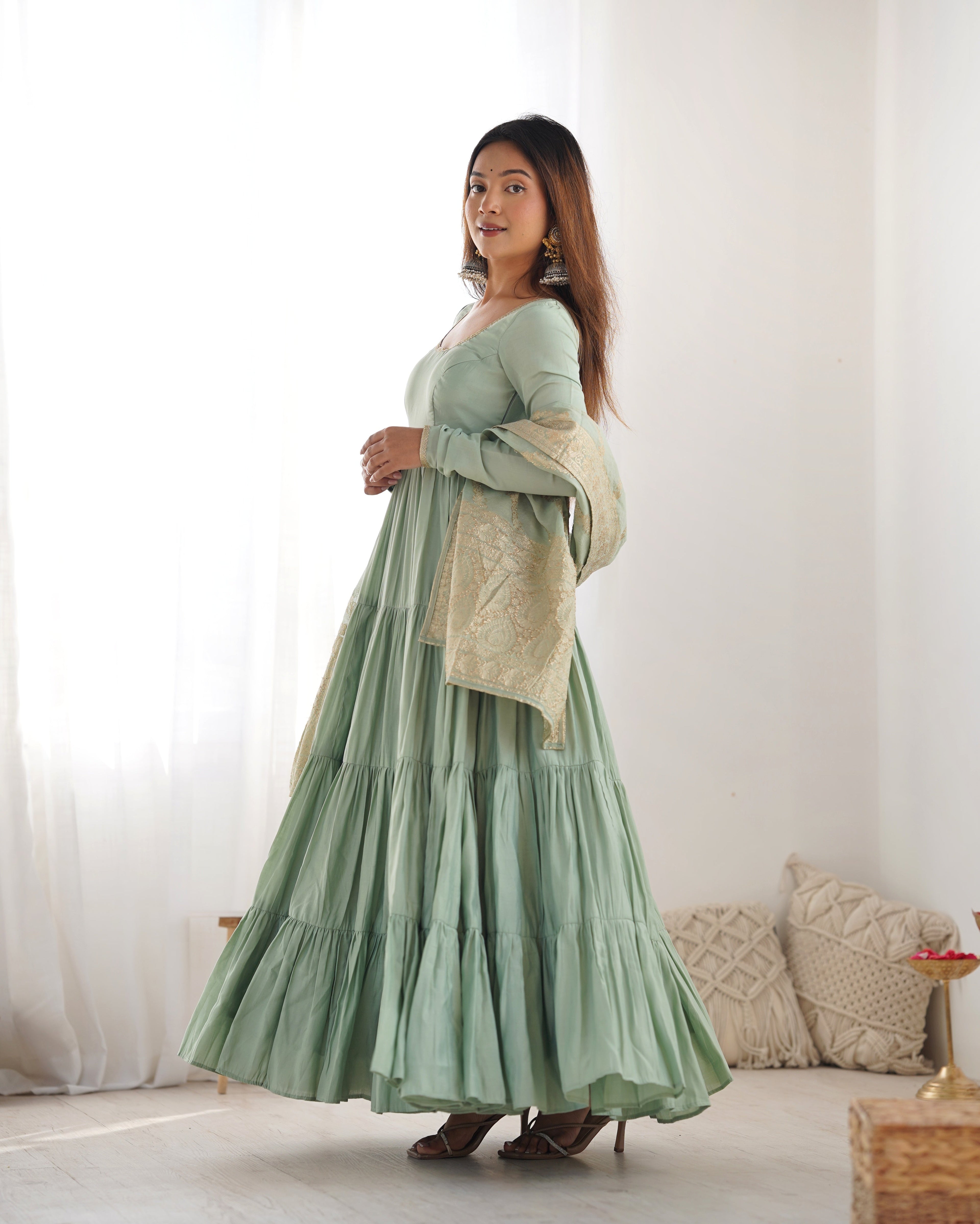 Lorenvalley Women Pure Roman silk Chanderi Fabric Layer Gathering Anarkali Kurta Pant With Dupatta Set