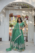 Lorenvalley Pista Gold Coin Fabric with Sequins and Thread Embroidered work Lehenga Choli with Dupatta