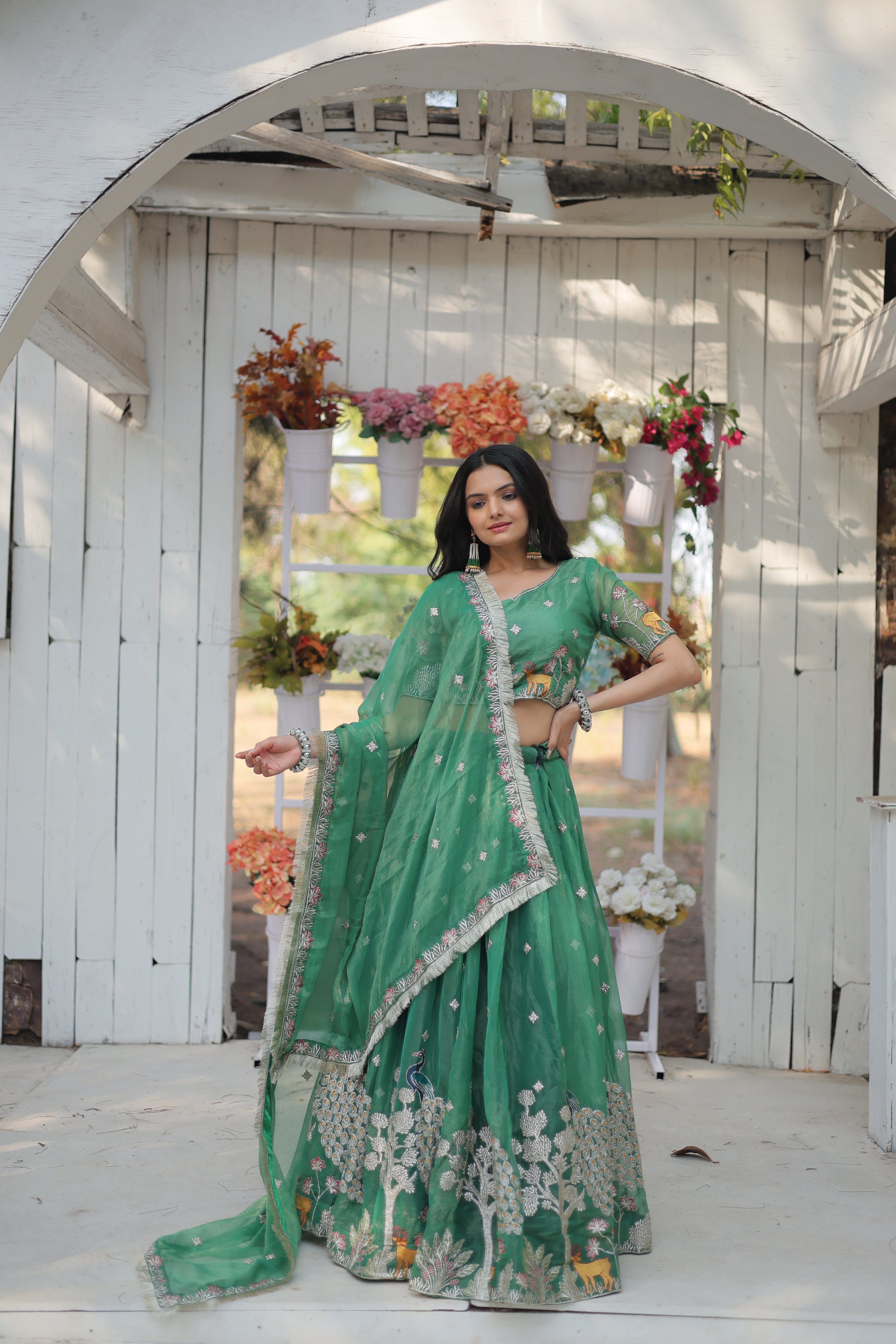 Lorenvalley Pista Gold Coin Fabric with Sequins and Thread Embroidered work Lehenga Choli with Dupatta