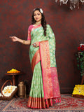 Lorenvalley Fashion Pista Organza Silk Woven Design with Rich Meenakari Weaving Pallu Saree