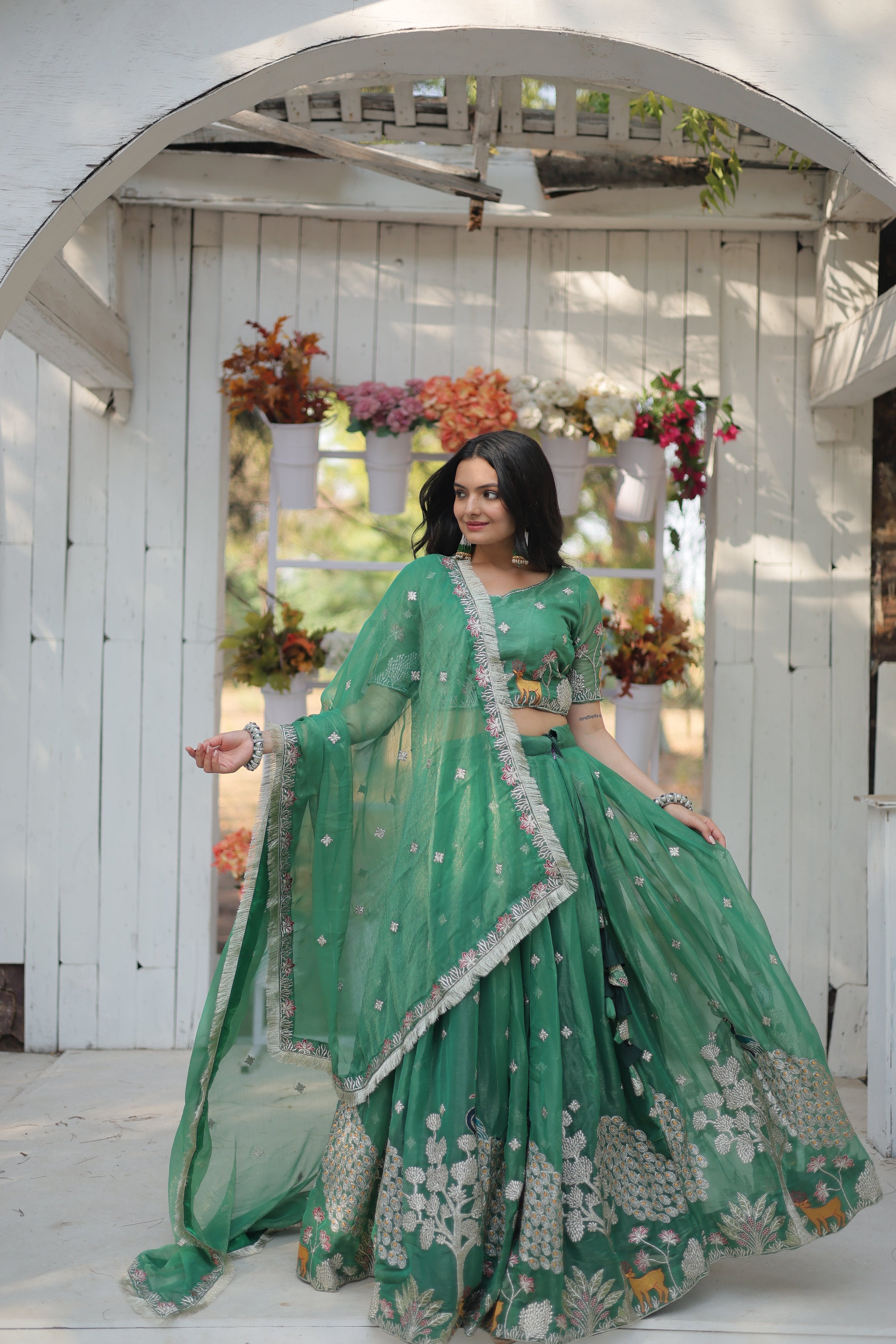 Lorenvalley Pista Gold Coin Fabric with Sequins and Thread Embroidered work Lehenga Choli with Dupatta