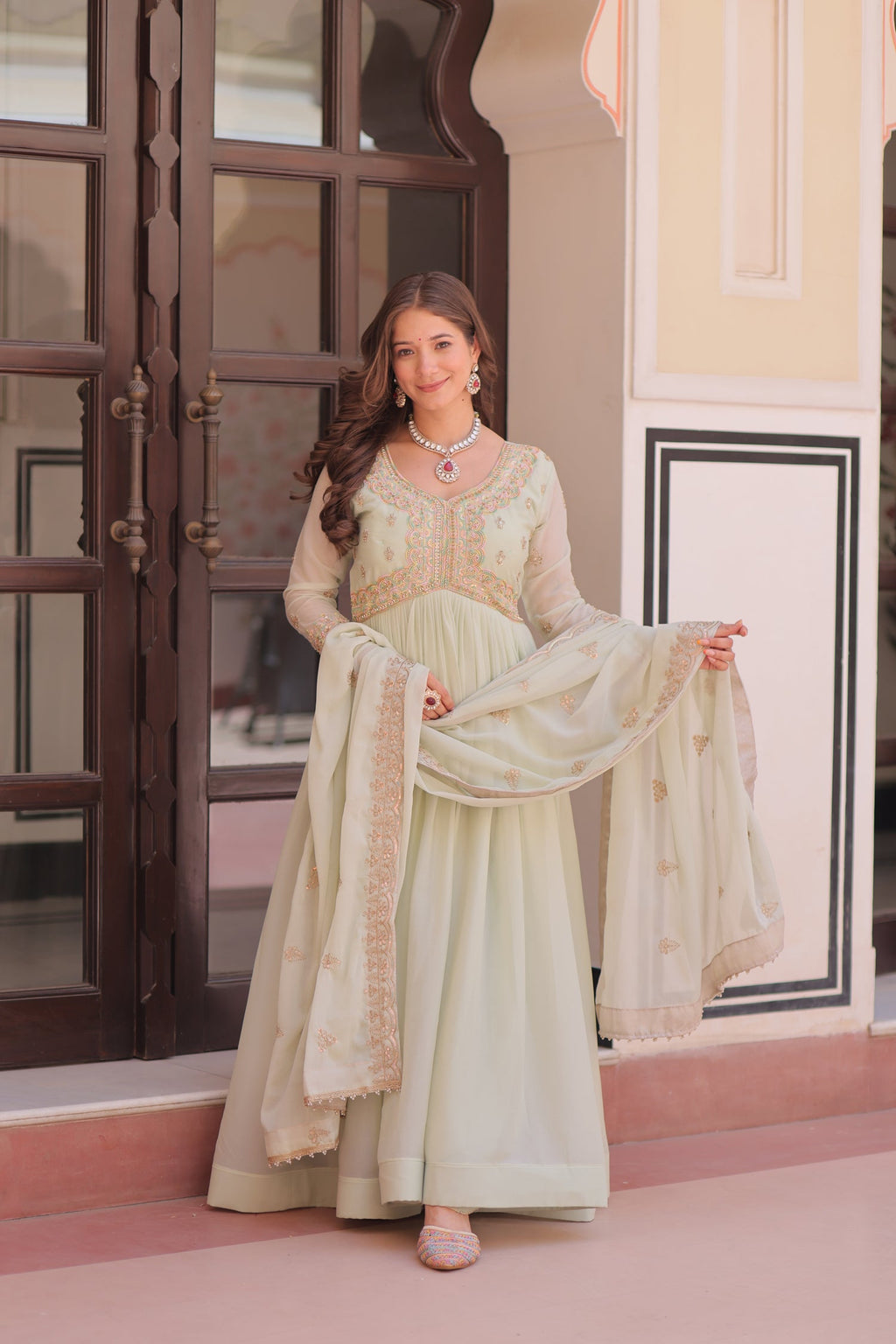 Lorenvalley Fashion Pista Star Georgette with Beads & Sequins Multi Embroidered work Anarkali Gown with Dupatta - Distacart