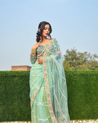 Evanik Pista Net Embroidery work Saree with Moti Hand work Blouse