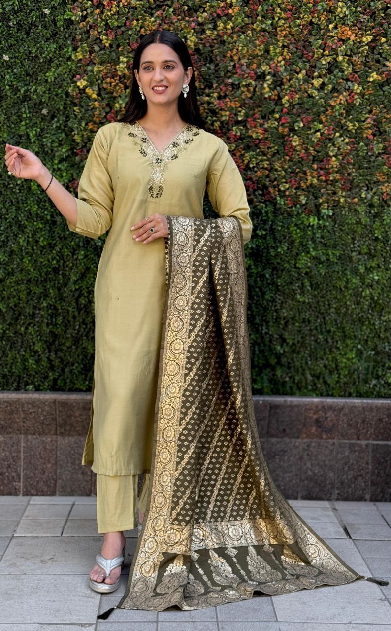 Lorenvalley Fashion Pista Roman Silk Hand Work Kurta Pant with Dupatta - Distacart