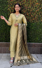 Lorenvalley Fashion Pista Roman Silk Hand Work Kurta Pant with Dupatta - Distacart