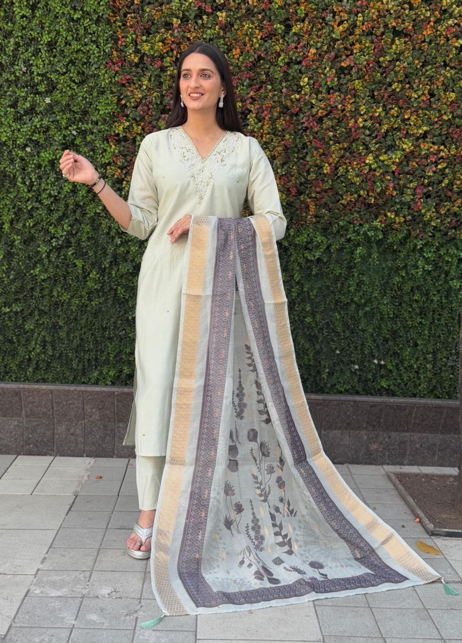 Lorenvalley Fashion Pista Roman Silk Hand Work Kurta Pant with Dupatta - Distacart