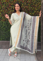 Lorenvalley Fashion Pista Roman Silk Hand Work Kurta Pant with Dupatta - Distacart