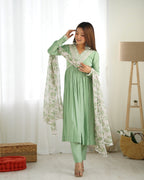Lorenvalley Pista Roman Silk Chanderi Fabric Fit Nyra Cut Kurta Pant With Dupatta Set - Distacart