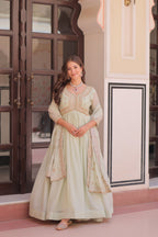 Lorenvalley Fashion Pista Star Georgette with Beads & Sequins Multi Embroidered work Anarkali Gown with Dupatta - Distacart