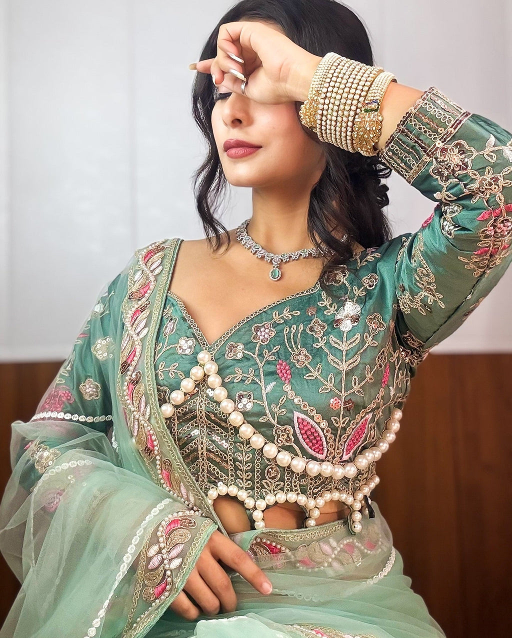 Evanik Pista Net Embroidery work Saree with Moti Hand work Blouse
