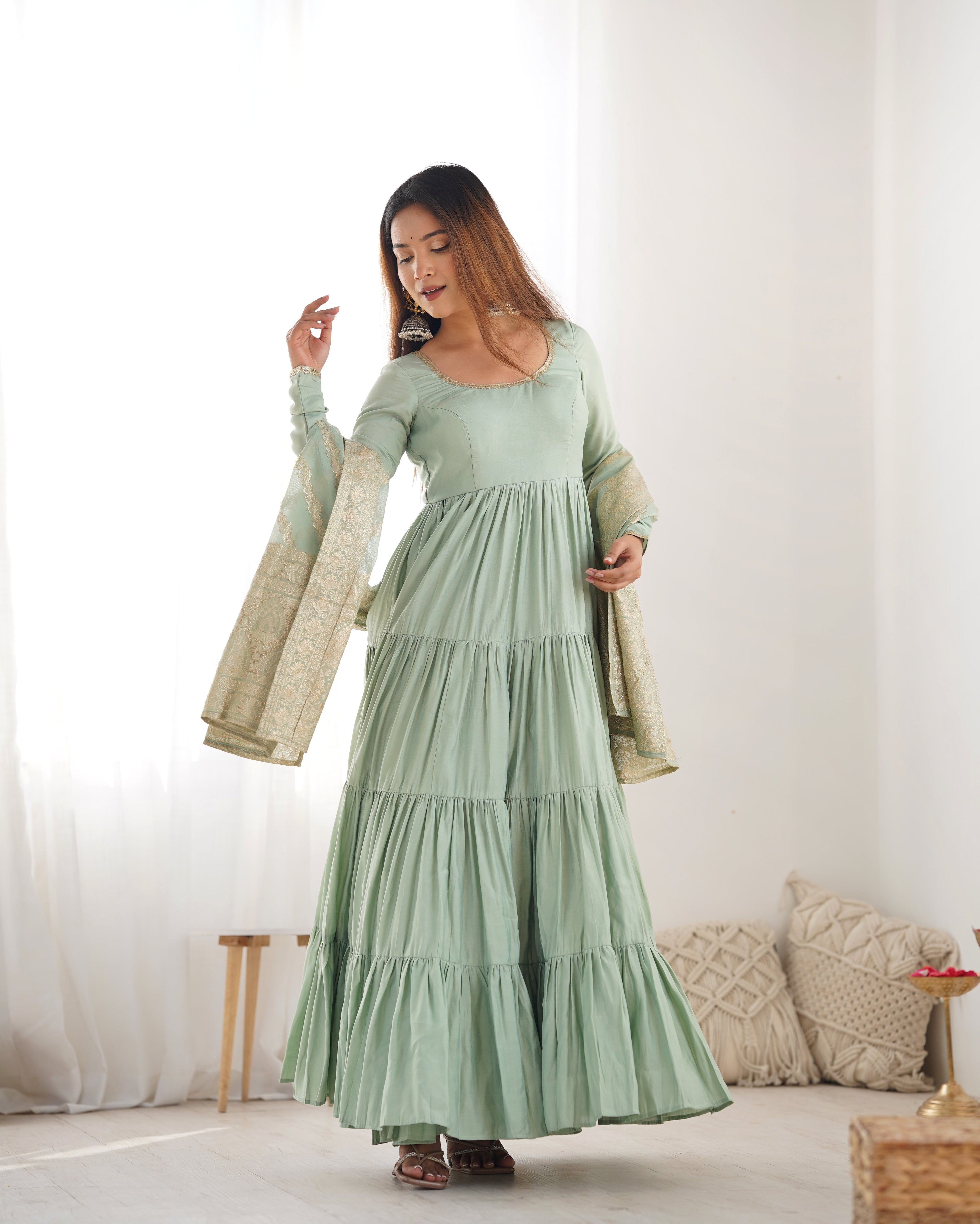 Lorenvalley Women Pure Roman silk Chanderi Fabric Layer Gathering Anarkali Kurta Pant With Dupatta Set