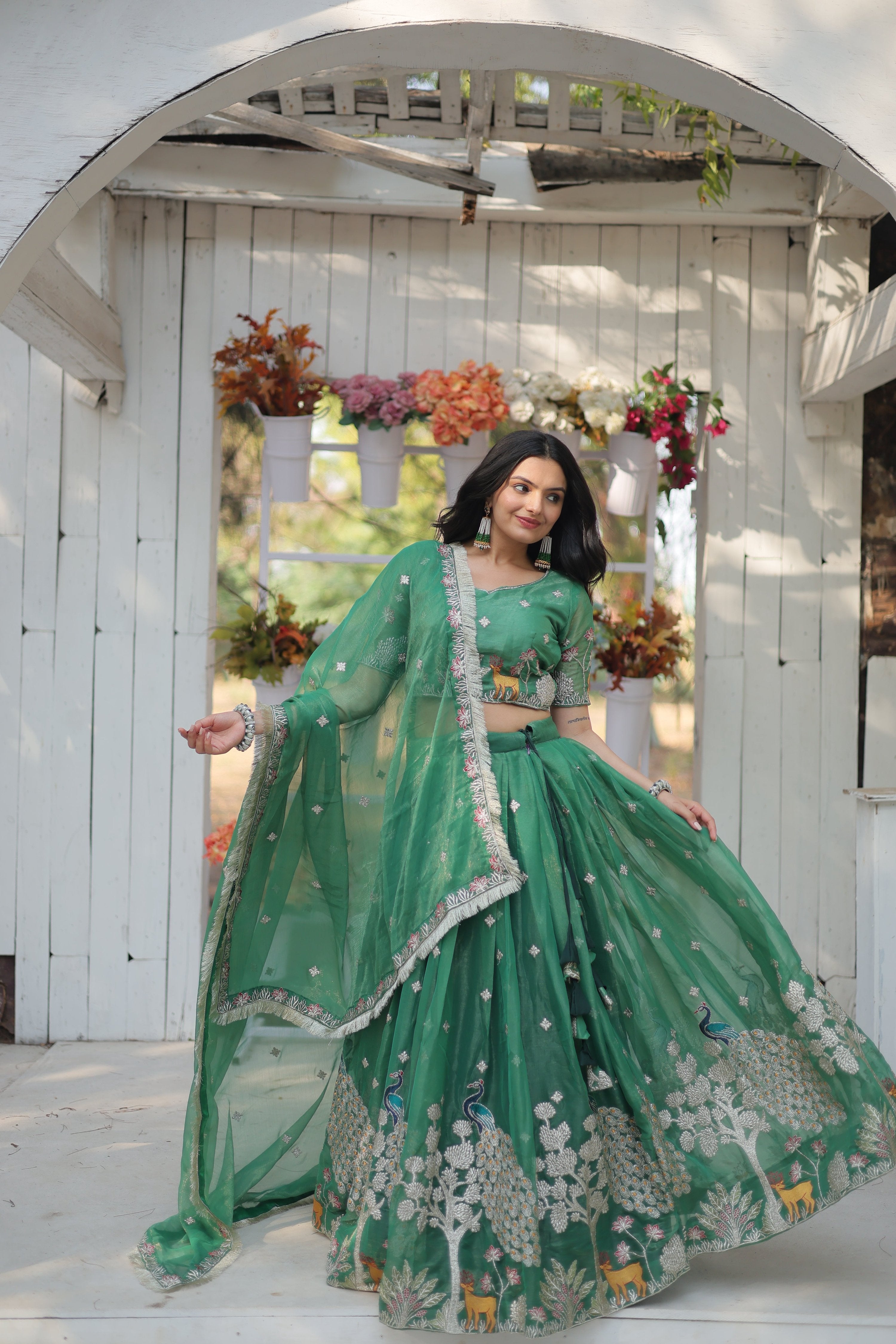 Lorenvalley Pista Gold Coin Fabric with Sequins and Thread Embroidered work Lehenga Choli with Dupatta